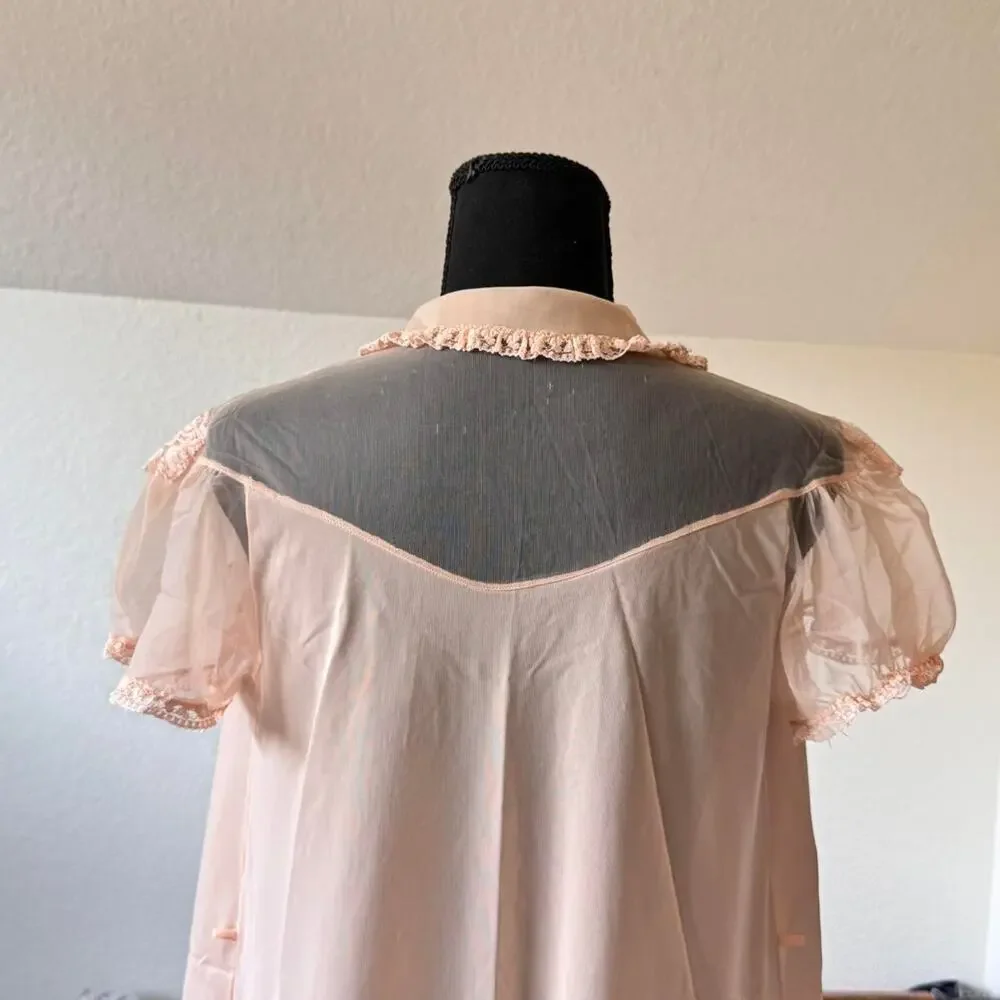 Vintage 60s peachy coral satin night robe house coat sz‎ m cottagecore romantic